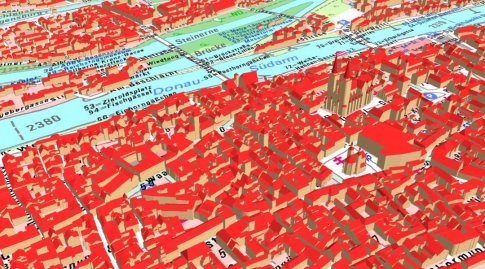 3D-Darstellung einer Innenstadt auf einer topographischen Karte.