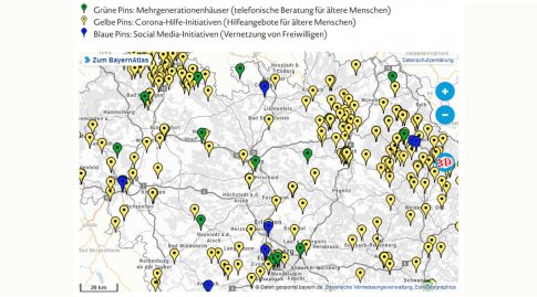 Auf einem Kartenausschnitt aus dem BayernAtlas sind viele Pins markiert. Die grünen Pins markieren 