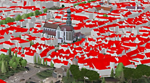 3D-Darstellung einer Stadt mit Kirche.