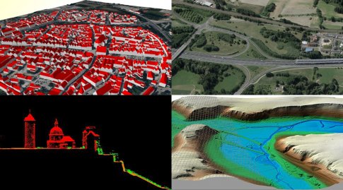 Gezeigt werden 4 Beispiele für 3D-Daten der BVV (Gebäudemodell, Digitales Oberflächenmodell, Laserpunkte, und Digitales Geländemodell)