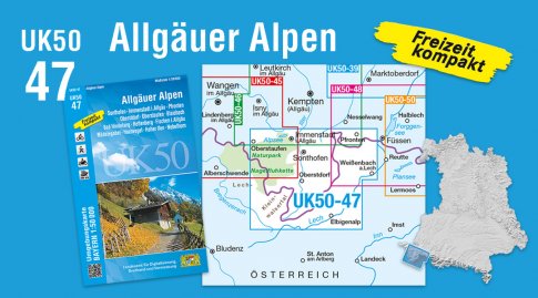 Collage aus Elementen der UK-50-47 vor blauem Hintergrund. Zu sehen ist das Titelblatt der Karte, Titel und Nummer sowie eine Übersicht der angrenzenden Blattschnitte und die Lage des Kartenblattes auf einem Umriss von Bayern.