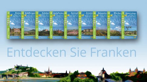 Collage der neu erschienenen Karten in Franken.
Die Titelblätter der ATK25 in Franken werden vor einem blauen Hintergrund aufgefächert. Am unteren Bildrandsind bekannte Gebäude aus Franken zu sehen. Darüber steht der Text 