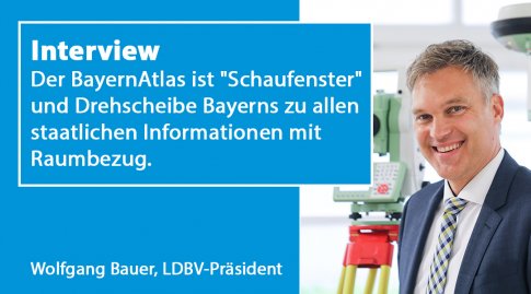 LDBV-Präsident Wolfgang Bauer rechts, links daneben der Satz: Der BayernAtlas ist „Schaufenster“ und Drehscheibe Bayerns zu allen staatlichen Informationen mit Raumbezug.
