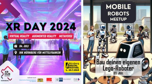 Grafik zu den beiden Veranstaltungen XR Day und Mobile Robots Meetup im Rahmen des Digital Festivals Nürnberg 2024