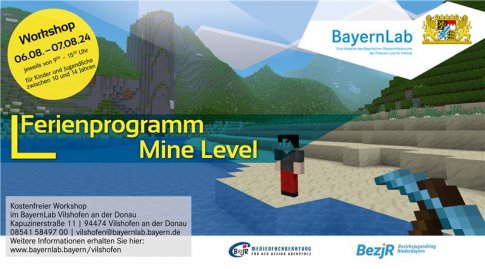 Ausschnitt des Computerspiels Minecraft mit den Daten zum Ferienprogramm im BayernLab Vilshofen an der Donau, Anmeldung ist erforderlich