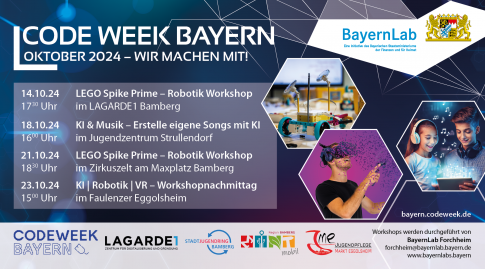 Veranstaltungsgraphik zu den Workshops die das BayernLab Forchheim im Rahmen der Code Week Bayern 2024 anbietet.