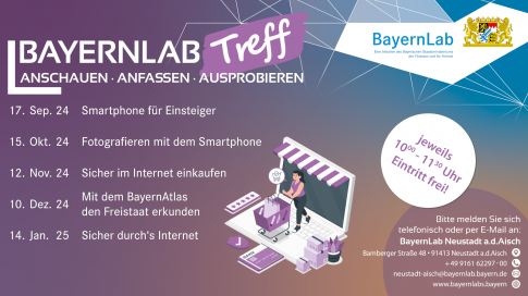 Plakat über die BayernLab Treffs. In der Bildmitte schiebt eine Frau einen Einkaufswagen über eine Laptoptastatur. Der Bildschirm des Laptops hat eine Markise wie ein Einkaufsgeschäft. Um den Laptop befinden sich Pakete, Sterne von Bewertungssystemen und eine Kreditkarte. Alle textlichen Informationen finden sich im Fließtext.