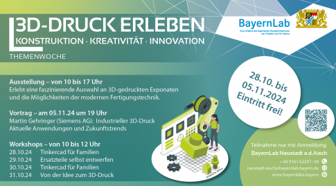 Infografik zur Themenwoche. Die Informationen sind auch im Fließtext. In der Bildmitte ist eine Grafik mit Elementen zu 3D-Konstruktion und 3D-Druck. Diese Elemente sind grün und schwarz. Am rechten Rand der Grafik steht eine Frau neben einem 3D-Druck Roboterarm.