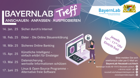 Plakt der BayernLab Treffs, In der Mitte steht eine Frau mit einem Smartphone vor einem Laptop mit verschiedenen Sperrsymbolen auf dem Bildschirm, Über der Frau ist eine Sprechblase mit einem geöffneten Schloss, Textliche Informationen befinden sich im Fließtext