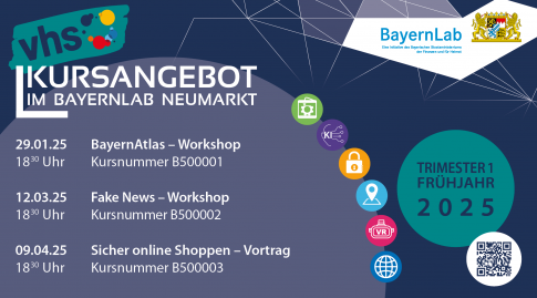 Kursangebot des BayernLab Neumarkt bei der VHS - Workshops zum BayernAtlas, zu Fake News und sicherem Online Shopping