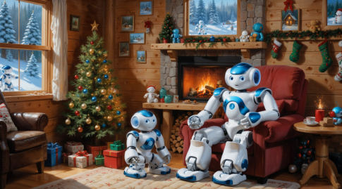 KI generiertes Bild von einem weihnachtlich dekoriertem Kaminzimmer mit Baum und Geschenken; Großer Nao Roboter sitzt in Ohrensessel und kleiner Nao steht davor; draußen vor dem Fenster sieht man eine Winterlandschaft