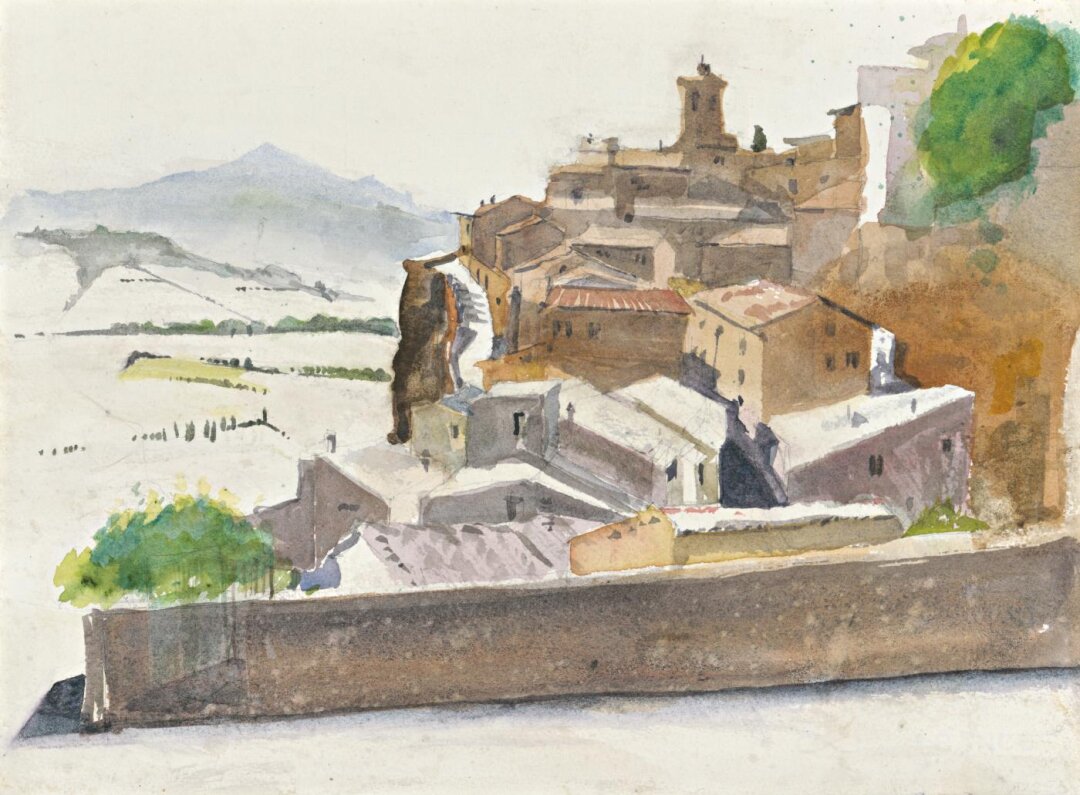 Ein Aquarellbild von Andreas Neureuther namens Orvieto. Darauf ist eine Stadt abgebildet. 