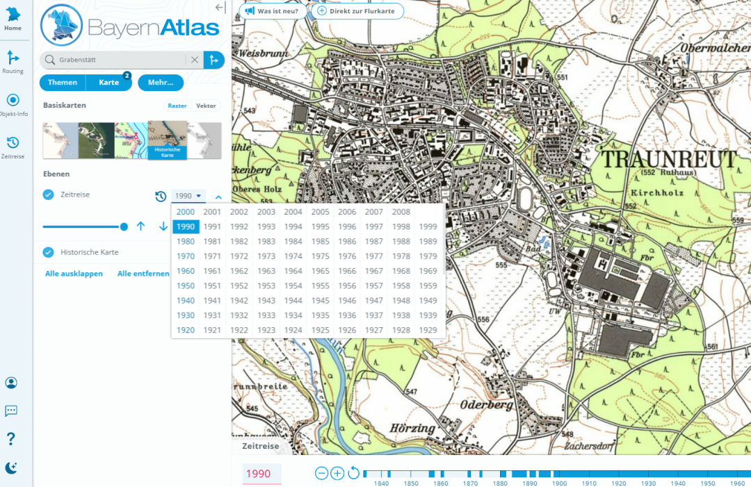 Zeitreise mit dem BayernAtlas nach Traunreut in das Jahr 1990