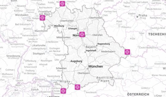 Kartenausschnitt aus dem Bayernatlas mit den Icons von den Extrempunkten in Bayern