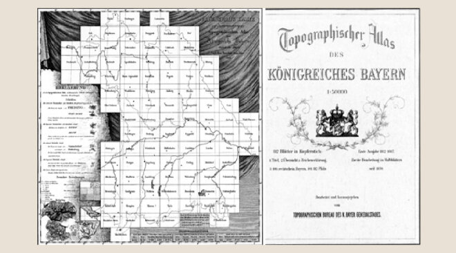 Übersichtskarte des Topographischen Atlas und Deckblatt mit der Aufschrift 