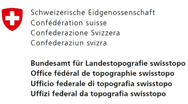 links oben Staatswappen der Schweiz, Schriftzug in deutsch, französisch, rätoromanisch und italienisch: Schweizerische Eidgenossenschaft, Bundesamt für Landestopografie swisstopo