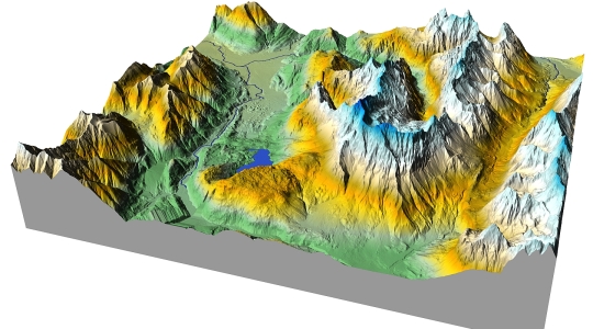 Farbkodierte 3D-Darstellung des Zugspitzmassivs in Schrägansicht 