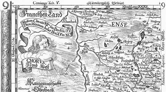 Ausschnitt einer schwarz/weißen historischen Karte des Frankenlandes mit zusätzlichen Text- und Grafikelementen.