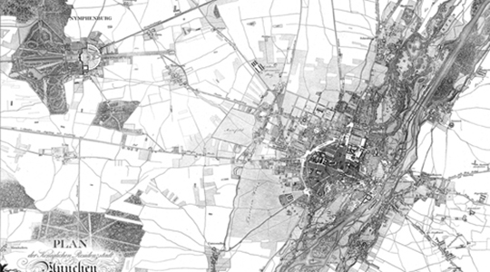 Ausschnitt des schwarz/weißen historischen Plans der Königlichen Residenzstadt München. Links unten befindet sich eine Überschrift.