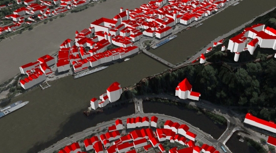 Schrägansicht von Passau mit 3D-Gebäudemodell mit Dachformen