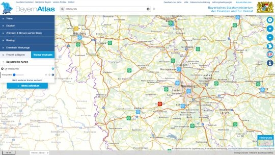 Kartenausschnitt aus dem BayernAtlas mit den Icons von den Mittelpunkten