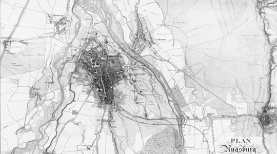 Ausschnitt eines schwarz/weißen historischen Plans von Augsburg mit seinen Umgebungen. Rechts unten befindet sich eine Überschrift.