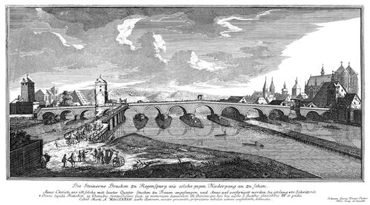 Zeichnung einer steinernen Brücke in schwarz/weiß mit gewaltigen Wolkenformationen im Hintergrund. Links und rechts im Bild sind Gebäude gezeichnet.