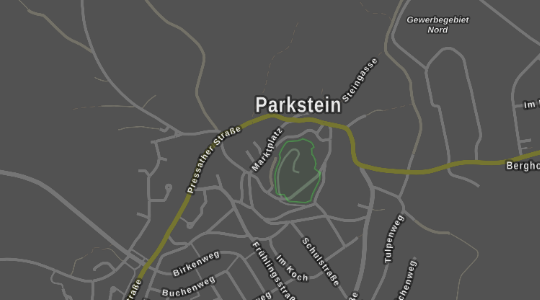 Beschriftungen und Straßengeometrien auf dunklem Hintergrund im Bereich von Parkstein